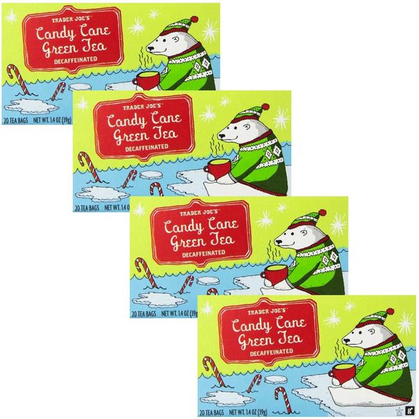Trader Joe's Candy Cane Green Tea Decaffeinated 20 Tea Bags 4 PACK