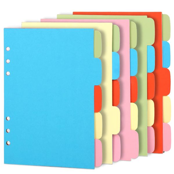 Teenitor 5 Sets A5 Subject Dividers Paper Sheet, Colorful 6 Holes Punched File Card Dividers, Tabbed Index Divider for Notebook Insert Planner Orange Pink Yellow Blue Green, Total 25 Sheets