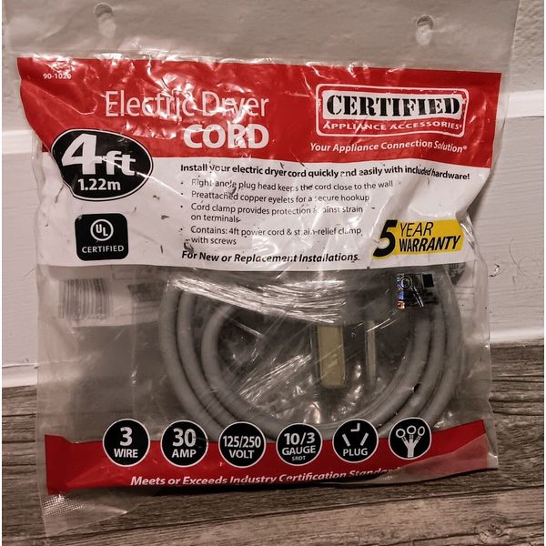 Certified Appliance Accessories / Electric Dryer Cord 4ft 30AMP 125/250V