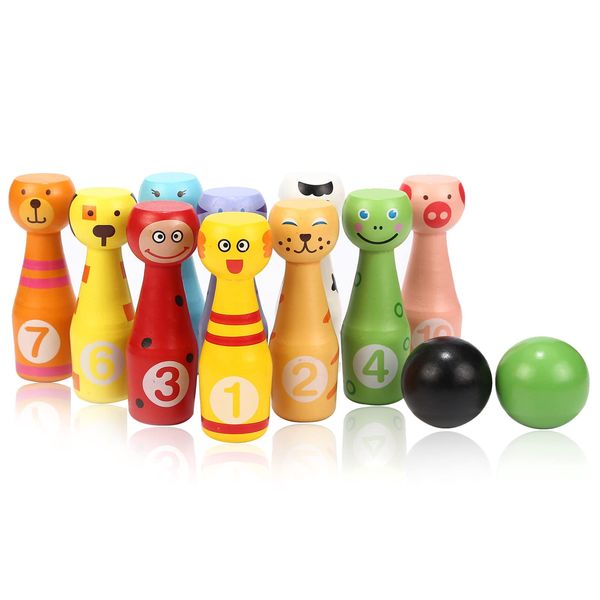 Jacootoys Kegelspiel 10 teiliges Kegel und 2 Bälle Bowling Set für Junge Mädchen Kinder Spielzeug aus Holz Drin Draußen ab 3 Jahren