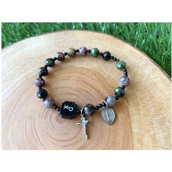 Natural Stone Cutting Tourmaline Health Blood Circulation Rosary Bracelet Catholic Rosary