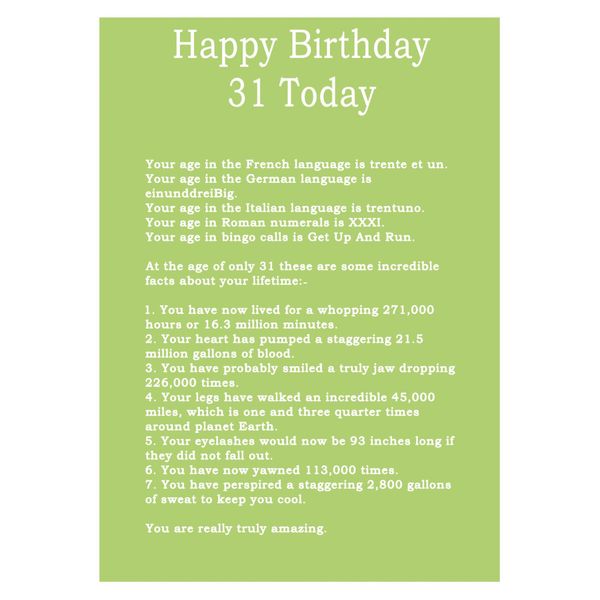 Age 31 Body Facts Birthday Card