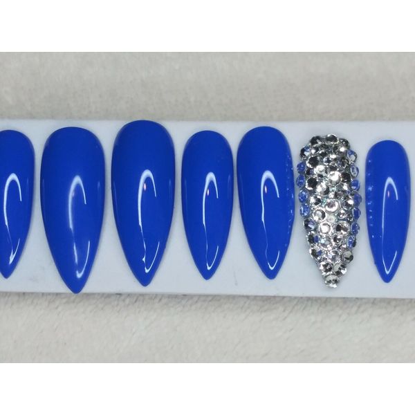 Royal Blue & silver crystals Bling press on nails stiletto diamond full set