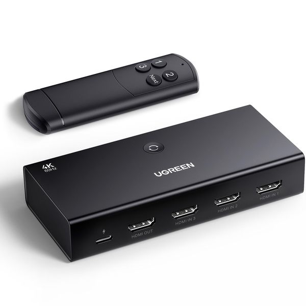 UGREEN HDMI Switcher, 3 Inputs, 1 Output, 4K @ 60 Hz, HDMI Switcher, HDMI Selector with Remote Control, 1080P @ 144Hz, HDCP 2.2/HDMI, 2.0, HDR, 3D Compatible, Manual Switching (PS3/PS4/PS5/Switch