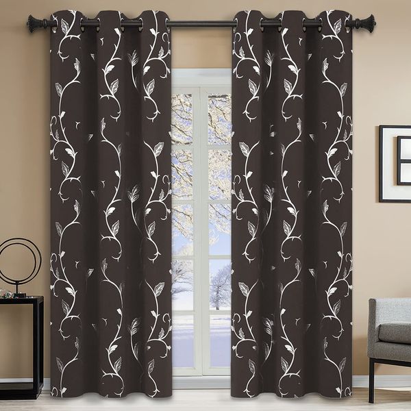 BUHUA 84 Inch Blackout Curtains Thermal Insulated Grommet Curtains with Wave Vine Print for Patio Door 38W×84L Brown Set of 2 Panels