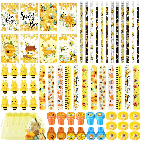 Shappy 84 Pcs Cute Bee Party Favors Bee Stationery Set Notebook Slap Bracelets Pencils Erasers Sharpeners Stampers Organza Bags for Honey Bee Theme Classroom Prize Gift Birthday Party Supplies