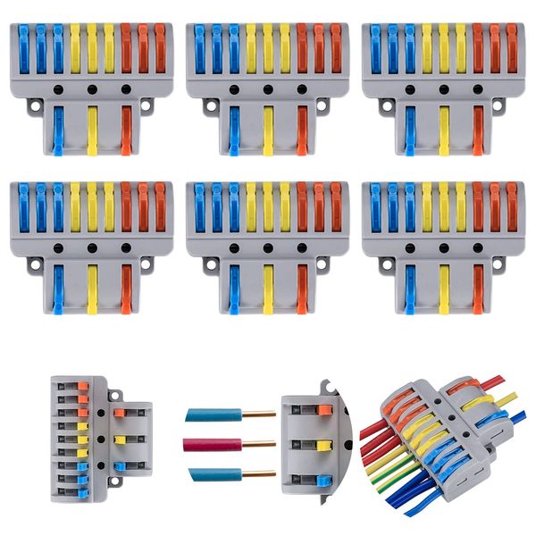 TOOINKCV Compact Wire Connectors, 6 PCS Lever Nut Electrical Wire Connectors, Compact Splicing Connectors, 3 in 9 Out Electrical Conductor Connectors Blocks with 20 Screws