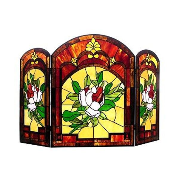 Fireplace Screen Floral Folding Tiffany Style Stained Glass 3 Piece 28" H x 42"