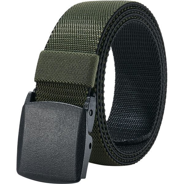 LionVII Men's Elastic Stretch Belts - 2 Colors in 1 Reversible Belt Strap with Plastic Buckle for Work Sports, 27-46" Waist (Black & Army Green)