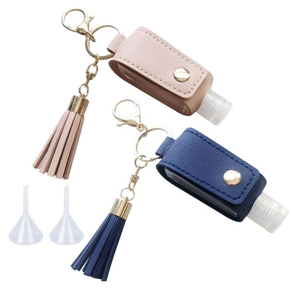 2 Pack Portable Squeeze Bottle, 30 ml Leak Proof Refillable Leather Keychain Holder for Hand Sanitizer,Travel, Outdoor Activities, School (Navy Blue+Pink, 2 Pack)