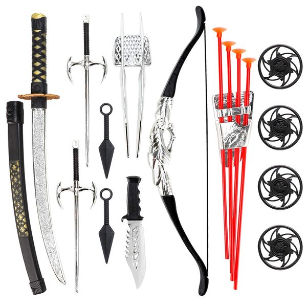 Liberty Imports Ninja Warrior Bow and Arrow Archery Set with Katana Sword, Sai, Melee Toy Weapons for Kids Pretend Role Play Equipment, Cosplay, Costume Accessories