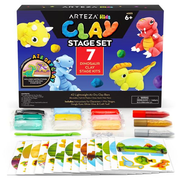 Arteza Kids Air Dry Clay, 42 Bars, Dinosaur Modeling Clay Kit, 14 Mini-Stages, 14 Googly Eyes, 3 Glitter Glues, 1 Craft Tool, 7 Instruction Sheets, Craft Supplies for Learning and Developing