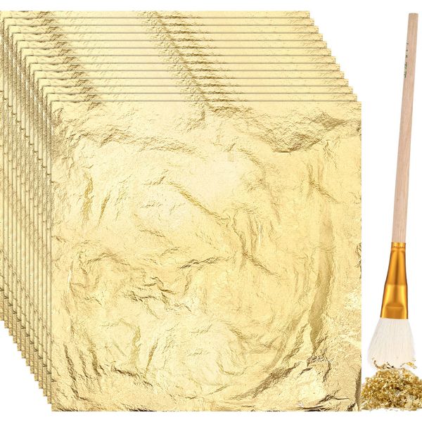 100 Sheets Gold Foil Paper Art Gold Foil Sheets Gilding Brush Thin Gold Leaf Sheets Gold Foil Paper Craft for Arts Painting Gilding Crafting Decoration, 5.5 x 5.5 Inches