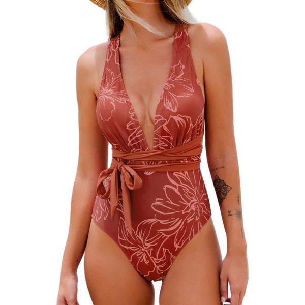 CUPSHE Women's One Piece Swimsuit Deep Plunge Crisscross Back Self Tie Swimwear Bathing Suit Swimming Costume Ruby Red Floral L