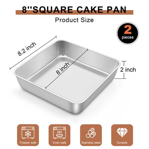 LIANYU 2 Pack 8 x 8 Inch Square Cake Pan, Stainless Steel Baking Lasagna Brownie Bread Pan, Square Bakeware for Birthday Party Wedding, Oven & Dishwasher Safe