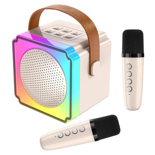 Mini Karaoke Machine for Kids, Bluetooth Speaker with 2 Wireless Microphones, Great Birthday Gifts and Party Favors for 3,4,5,6,7,8+ Kids (Beige)