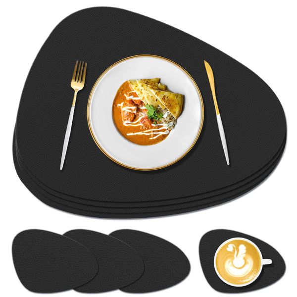 KERYCHIN Silicone Place Mats and Coaster Set of 4, Heat Resistant 230 °C, Non-Slip Table Mats, Easy to Clean, Washable Placemats for Kitchen, Home, Restaurant, Outdoor Glass Dining Table (Black)