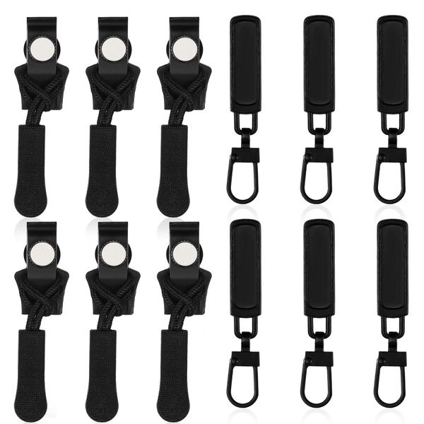 Nogeqi 12 Pcs Zipper Repair Kit,Zipper Fixer,Replacement Zipper Pull,Zipper Slider Replacement,Removable Universal Zipper Fixer for Jacket Luggage Backpack Coat Zippers(3 Size Black)