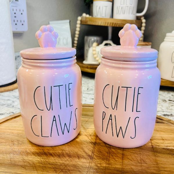 Rae Dunn Blush Pink Ceramic CUTIE CLAWS cat dog treat jar canister