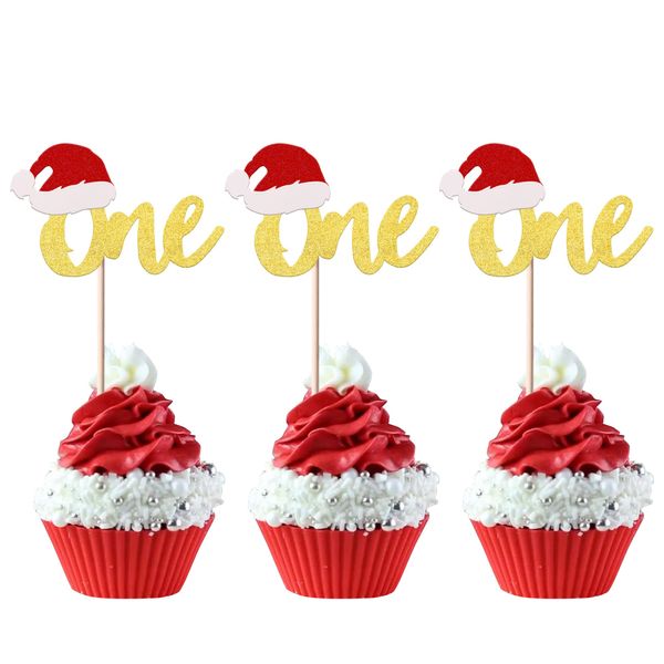 Rsstarxi 24 Pack Christmas 1st Birthday Cupcake Toppers Glitter Xmas Hat One Cupcake Picks Merry Christmas Cake Decorations for Christmas Theme Baby Shower Kids First Birthday Party Supplies Gold