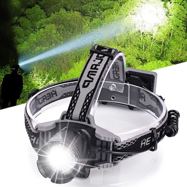 Rechargeable Headlamp, 150000 Lumen Super Bright Headlamp Flashlight,4 Kind Modes, 60H Battery Powered, Zoom, Waterproof Head Lamp, Red Blue Warning Hardhat Headlamp for Camping Running Hunting