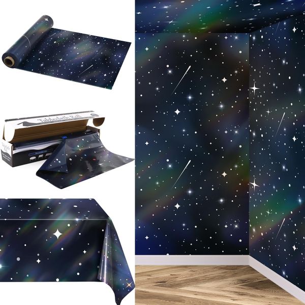 HOBBY HORSE 100 Ft x 54 Inch Iridescent Space Tablecloth Roll in Slide Cutter Box Disposable Blue Galaxy Backdrop Starry Night Table Cover Bulletin Board Plastic Roll for Birthday Classroom Decor