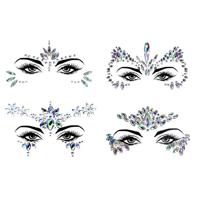 4Pcs Glitzersteine Gesicht, Edelsteine Aufkleber, Festival Tattoos Strasssteine Gesicht, Gesicht Edelstein Aufkleber Temporär Strass Aufkleber für Halloween, Karneval Schminke, Make-Up Abschlussball