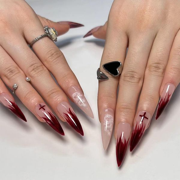 24pcs Long Stiletto False Nails Red Fireflame Stick on Nails Gothic Dragon Loong Pattern Press on Nails Removable Glue-on Nails Full Cover Fake Nails Set Women Brides Nail Art Accessories