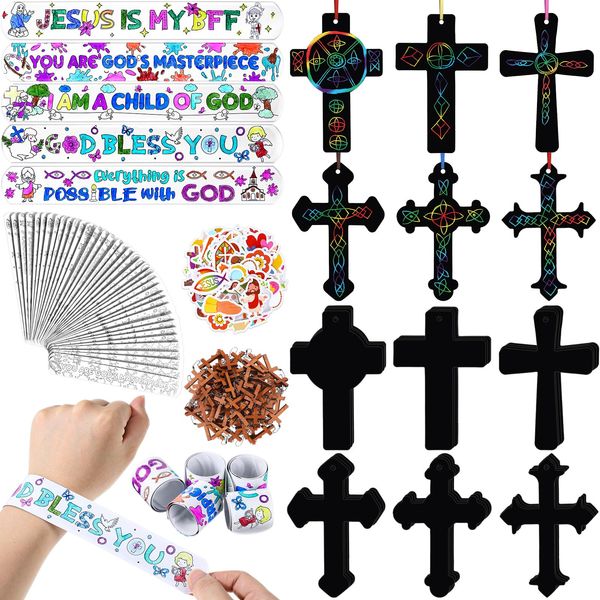 Frienda 200 pcs Religious DIY Crafts Kits, Bible Verse Slap Bracelet Cross Scratch Ornaments Wooden Cross Charms Christian Stickers for Religious Gift Gathering Party Supplies Decoration