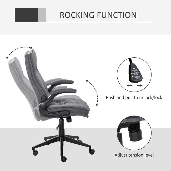 Grey Linen Fabric Covered PC Task Chair with Rocking Function and Swivel Wheels 