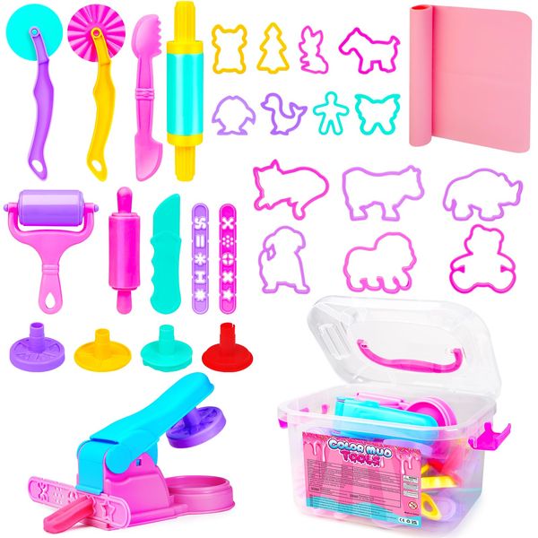 Dough Tool Sets for Kids Toddlers,Cute Dough Accessories with Rolling Pin Dough Mat Storage Box,Party Pack Dough Toys for Kids Age 3-5 4-8,Educational Toys Gift for Birthday Christmas Boys Girls