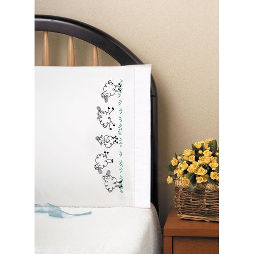 Design Works Crafts Tobin 20" x 30" Stamped Pillowcases for Embroidery, Running Sheep, White
