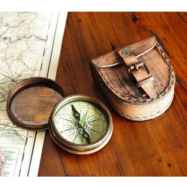 Antiqued Brass Poem Compass with Leather Case