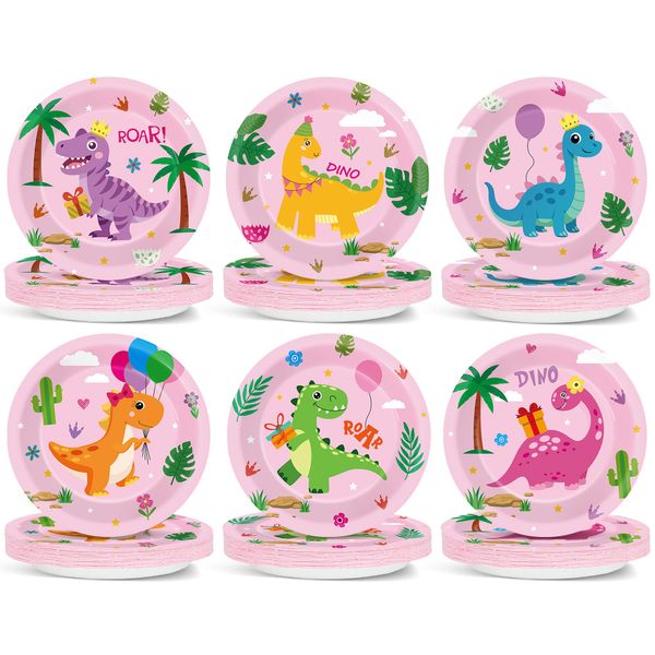 60Pcs Dinosaur Birthday Party Decorations Dino 7 Inch Dessert Plates Tableware Pink Dinosaur Dinner Paper Plates Dino Roar Theme Dinnerware for Kids Girls Boys Party Baby Shower Supplies Favors