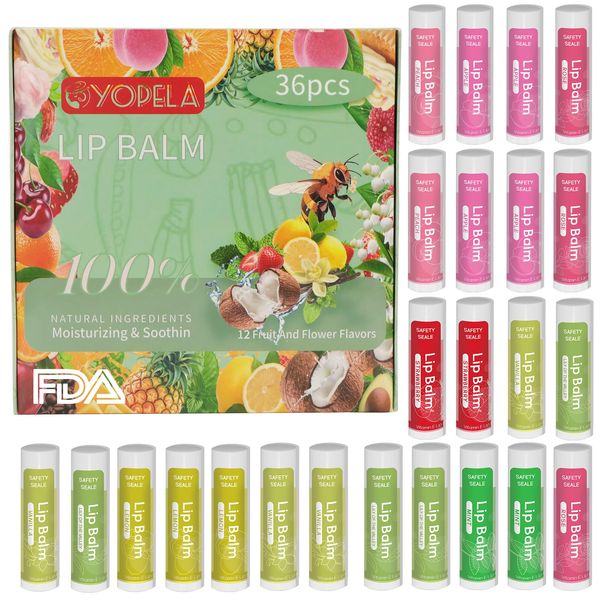 Yopela 36 Pack Natural Lip Balm Bulk with Vitamin E and Coconut Oil - Moisturizing, Soothing, and Repairing Dry and Chapped Lips - 12 Flavors - Non-GMO