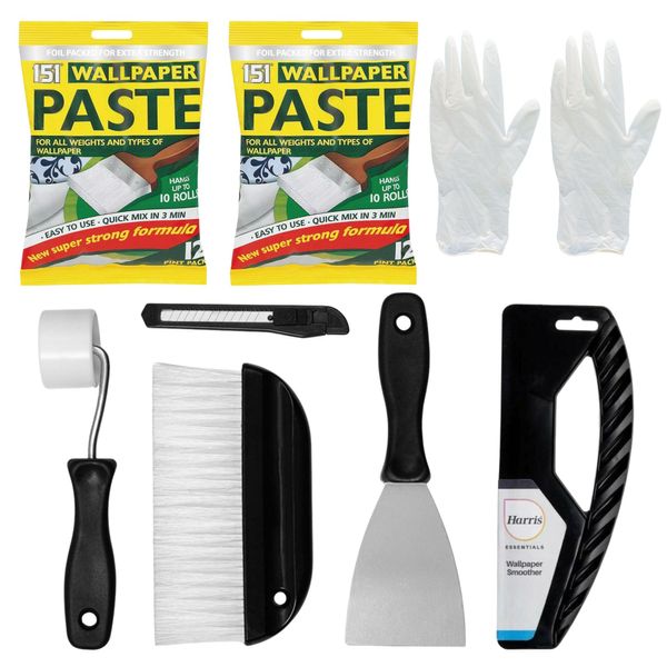 Wallpaper Paste Kit - Set Includes 2x10 Roll Adhesive Paste and Wallpaper Hanging Kit Containing Smoother, Roller, Brush, Scraper, Trimmer and Gloves