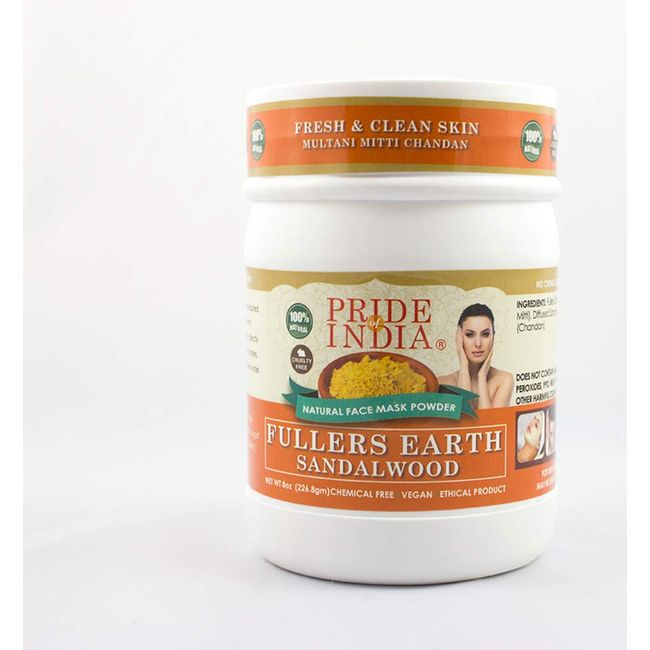 Pride Of India - Fuller's Earth Indian Clay Healing Face Mask Powder w/Sandalwood, Half Pound Jar, 100% Natural