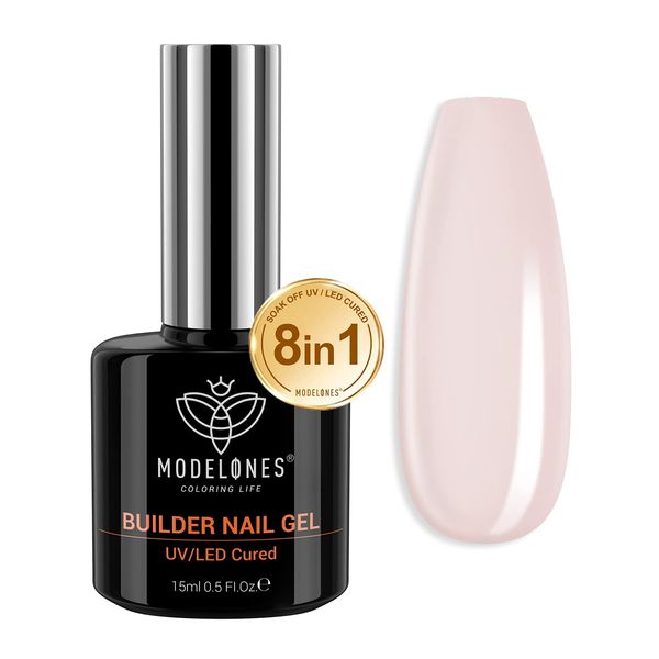 Modelones Gel Nail Polish Builder Nail Gel, 8-in-1 Cover Nude Gel Builder, Hard Gel Builder for Nails Strengthener Extension Gel Base Coat Rhinestone False Nail Tips Glue Gel in a Bottle 15ML Hard Gel