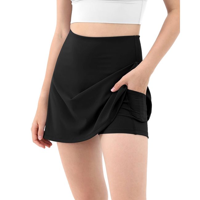 ODODOS Women's High Waisted Tennis Skirts with Pockets Built-in Shorts Golf Skorts for Athletic Sports Running Gym Training, Black, Small