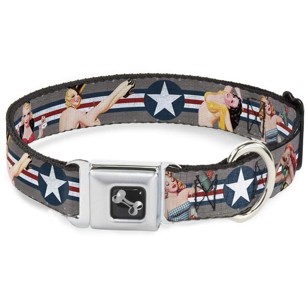 Buckle-Down Seatbelt Buckle Dog Collar - Pin Up Girl Poses Star & Stripes Gray/Blue/White/Red - 1" Wide - Fits 15-26" Neck - Large