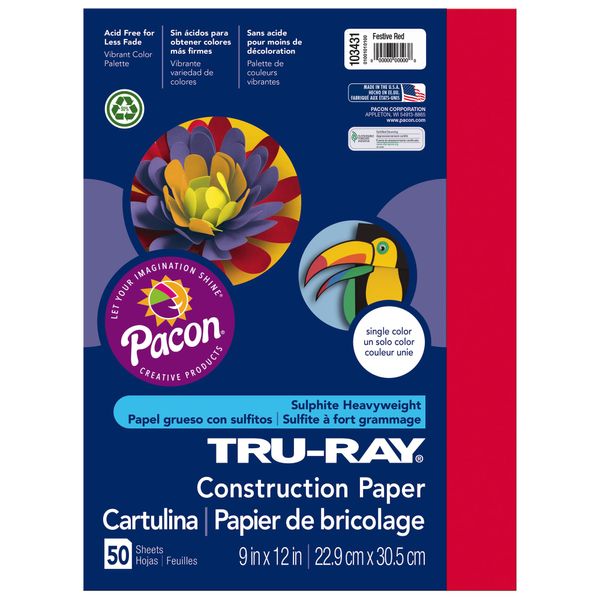 Tru-Ray® Construction Paper, 50% Recycled, 9" x 12", Festive Red, Pack Of 50