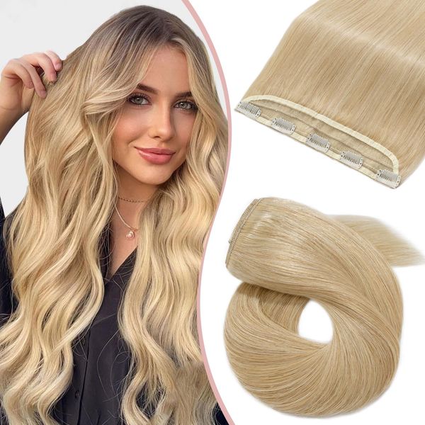 22"-55g One Piece Clip in Hair Extensions #24 Natural Blonde Real Remy Human Hair Extension 3/4 Half Head Natural Straight