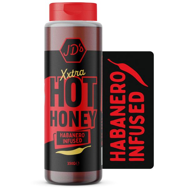 JD's XXTRA Hot Honey | Premium Habanero infused extra hot honey with Chilli Flakes | Extra Hot BBQ and Pizza Sauce | 350g