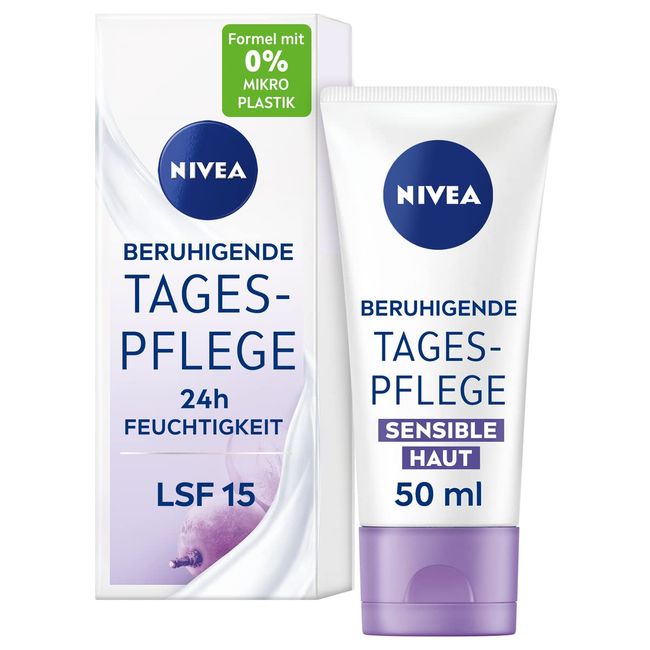 NIVEA Beruhigende Tagespflege 24h Feuchtigkeit LSF 15, parfumfreie Gesichtscreme für sensible Haut, zarte Tagescreme mit Traubenkernöl