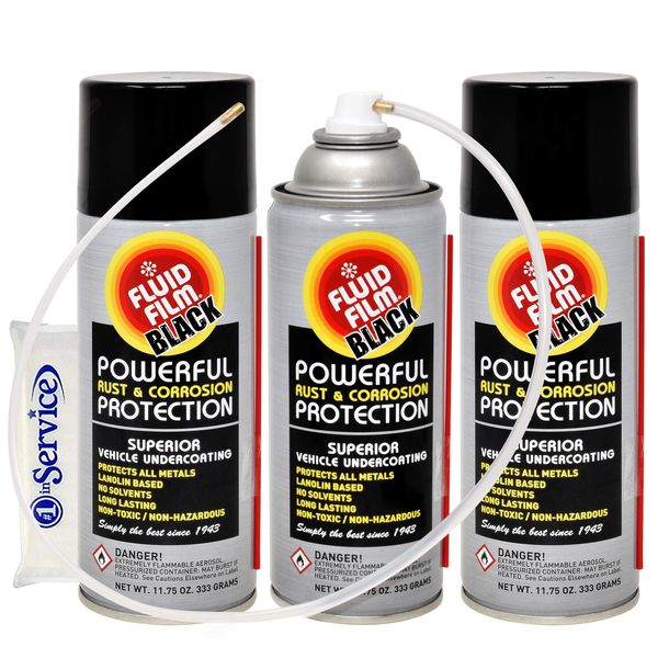 Fluid Film 11.75 Oz Undercoating Protection Aerosol Spray Can Black 3 Pack, Rust Inhibitor and Prevention, Anti Corrosion Multi Purpose Penetrant and Lubricant, Spray Can Extension Wand and Tissue Pack