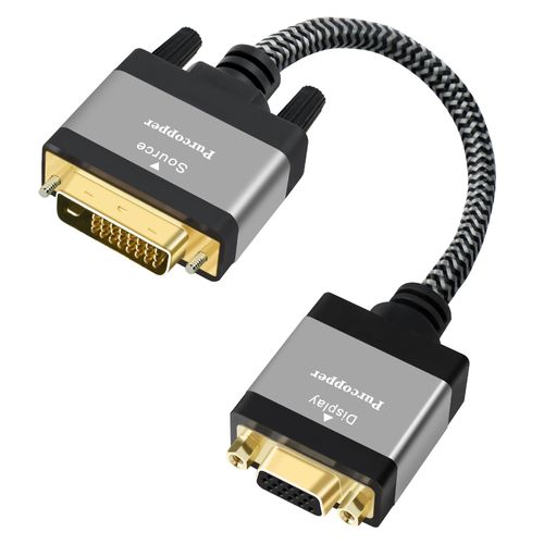 Active Digital Signal DVI to VGA Cable Adapter, DVI-D 24+1 Male (Source) to VGA Female (Screen) Braided Cord Converter Connector for Monitor, PC, TV Stick, Raspberry Pi, Desktop, Laptop, Projector