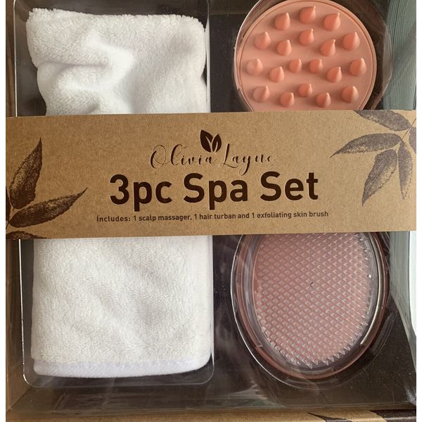 OLIVIA LAYNE 3 Pc Spa Set. Scalp Massager, Hair Turban, and Skin Brush.