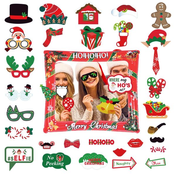 Christmas Inflatable Photo Booth with 36Pcs Photo Booth Props Selfie Picture Frame for Christmas Family Party,Christmas Party Game Accessories Supply,Giant Props Frame Celebration Blow Up Party Prop