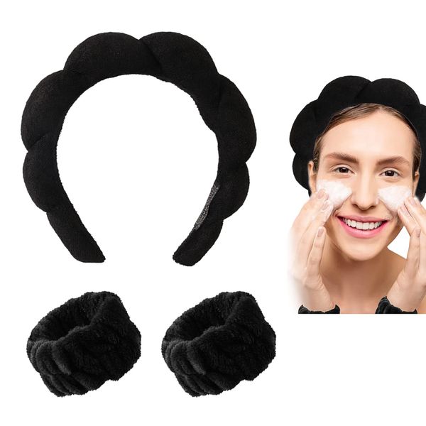 Spa Headband and Wristband Scrunchies for Washing Face, Terry Cloth Towel Head Band for for Makeup Removal, Shower (Black)