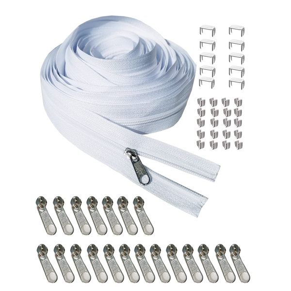 JOSDIOX Zipper by The Yard #3 White Sewing 10 Yard Long Zipper in Continuous Nylon Coil with 20pcs Zipper Sliders Zipper Pull and 30pcs Zippers Stops for Upholstery Sewing